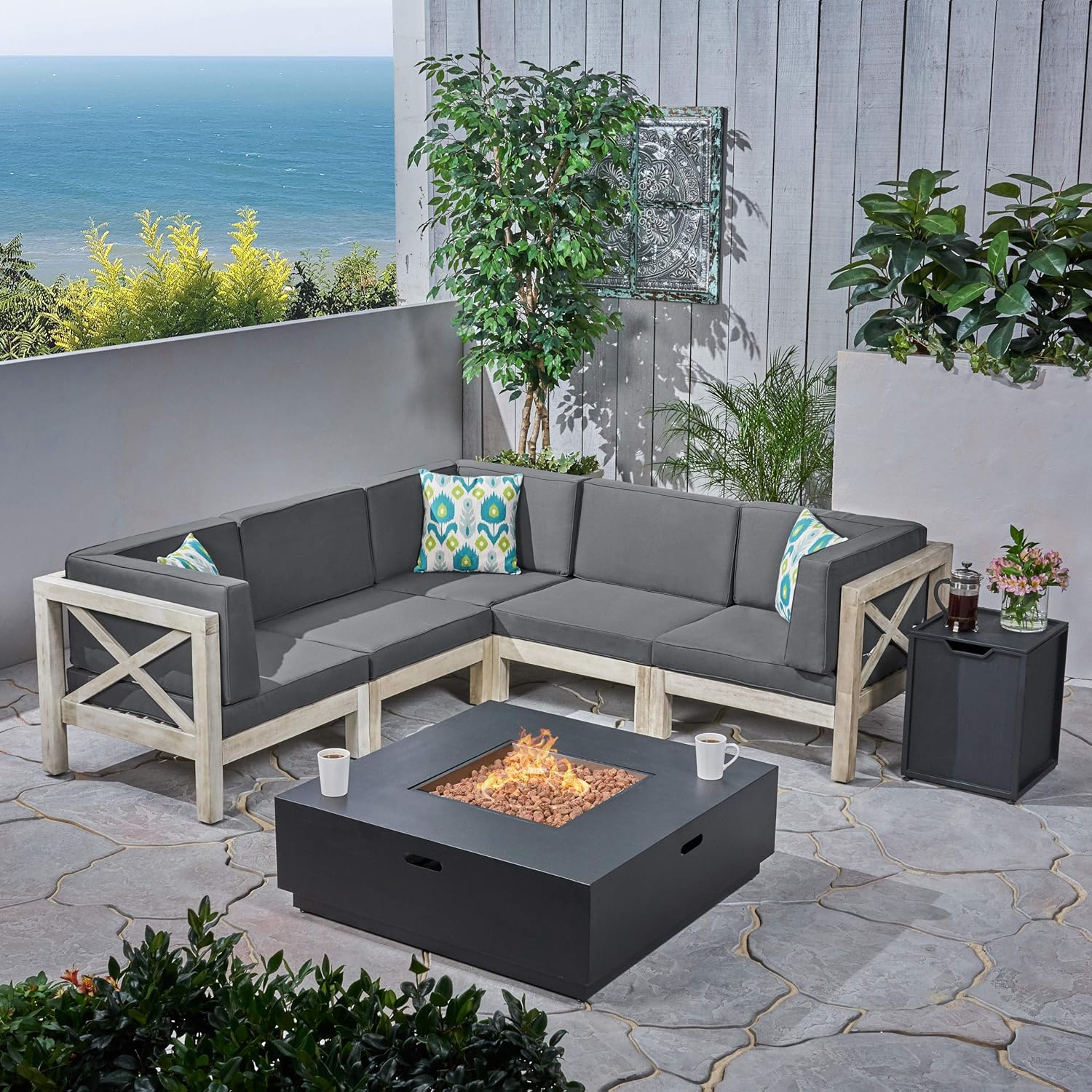 Great Deal Furniture Outdoor Acacia Wood 5 Seater Sectional Sofa Set with Fire Pit, Weathered Gray and Dark Gray