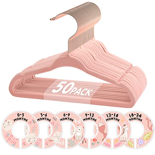 Baby Hangers, VIS'V 11 Inch Pink Velvet Kids Hangers with 6 Pcs Size Dividers Non Slip Nursery Children Closet Clothes Hangers for Infant Toddler Girls and Boys - 30 Pack