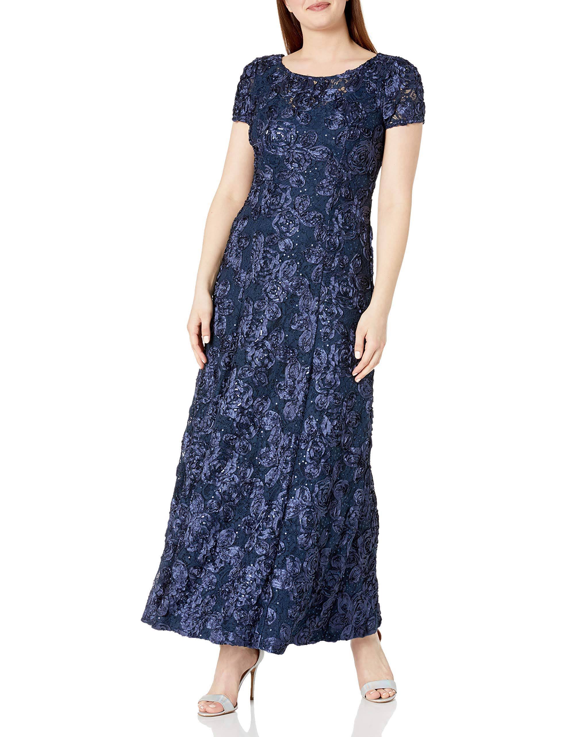 Alex Evenings Petite Rosette Lace A-Line Gown - Navy