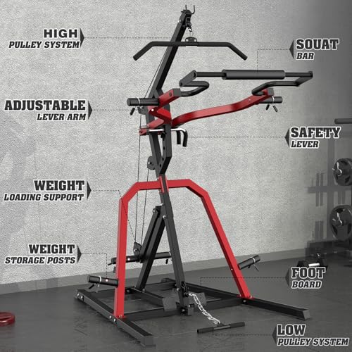 DONOW Leverage Gym Power Rack Squat Rack Lever Gym with LAT Low Row System Home Gym System Workout Station 2:1 Ratio (Without Weight Plates)