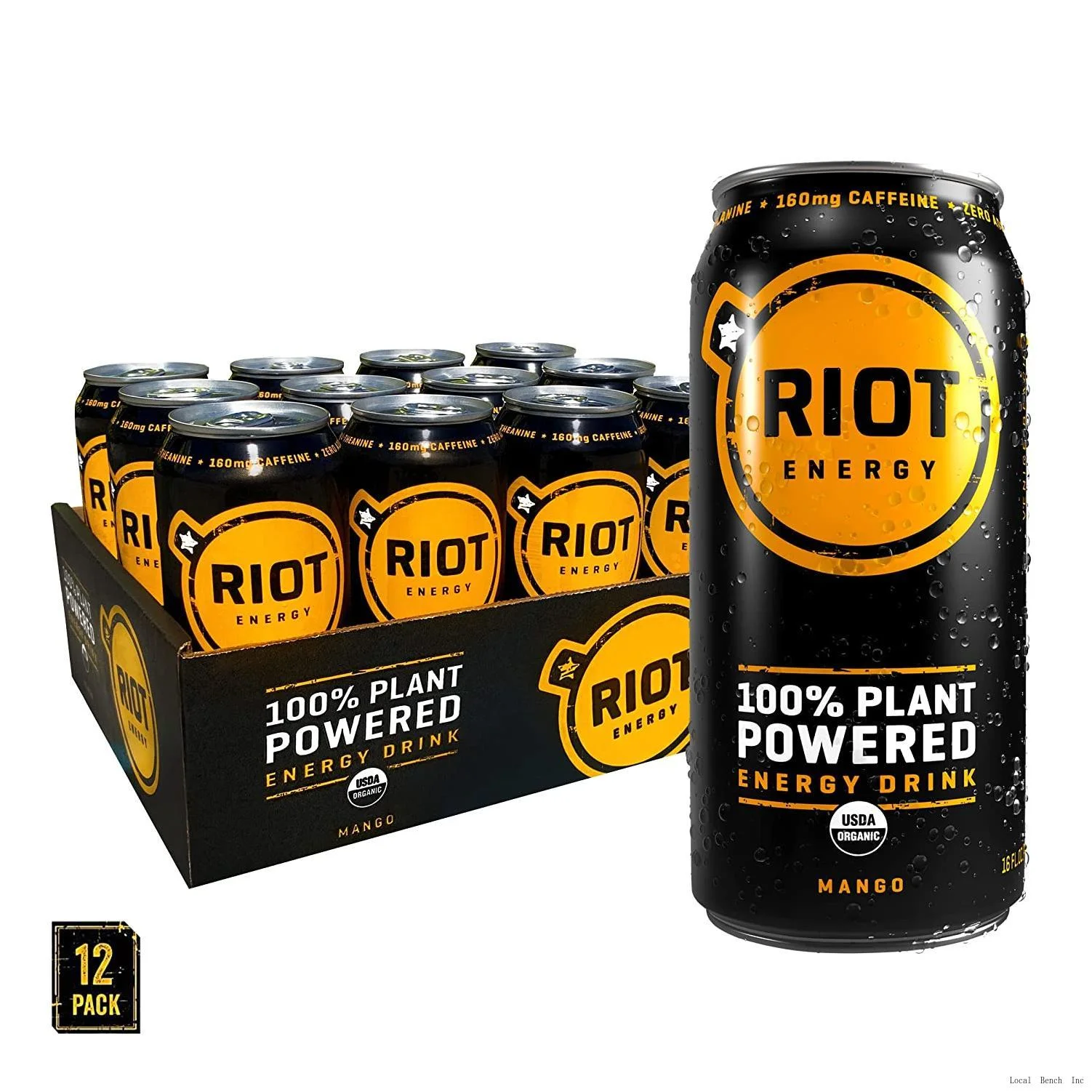 RIOT Energy 100% Plant Powered Energy Drink (MANGO RIOT) Keto-Friendly, Organic, No Added Sugar (16Oz, Pack Of 12)