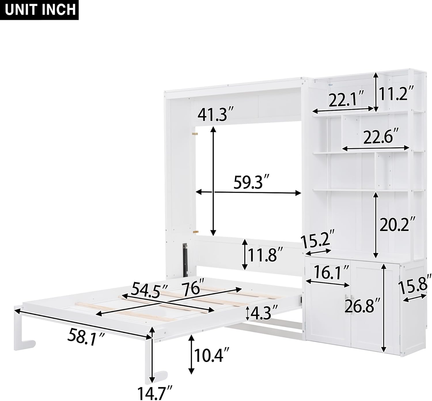 Full Size Murphy Bed with Tall Storage Cabinet & Shelves, Modern Cube Folding Bedframe with Wooden Slat Supports, Space-Saving Design, Ider for Bedroom, Guest Room, Apartment, white