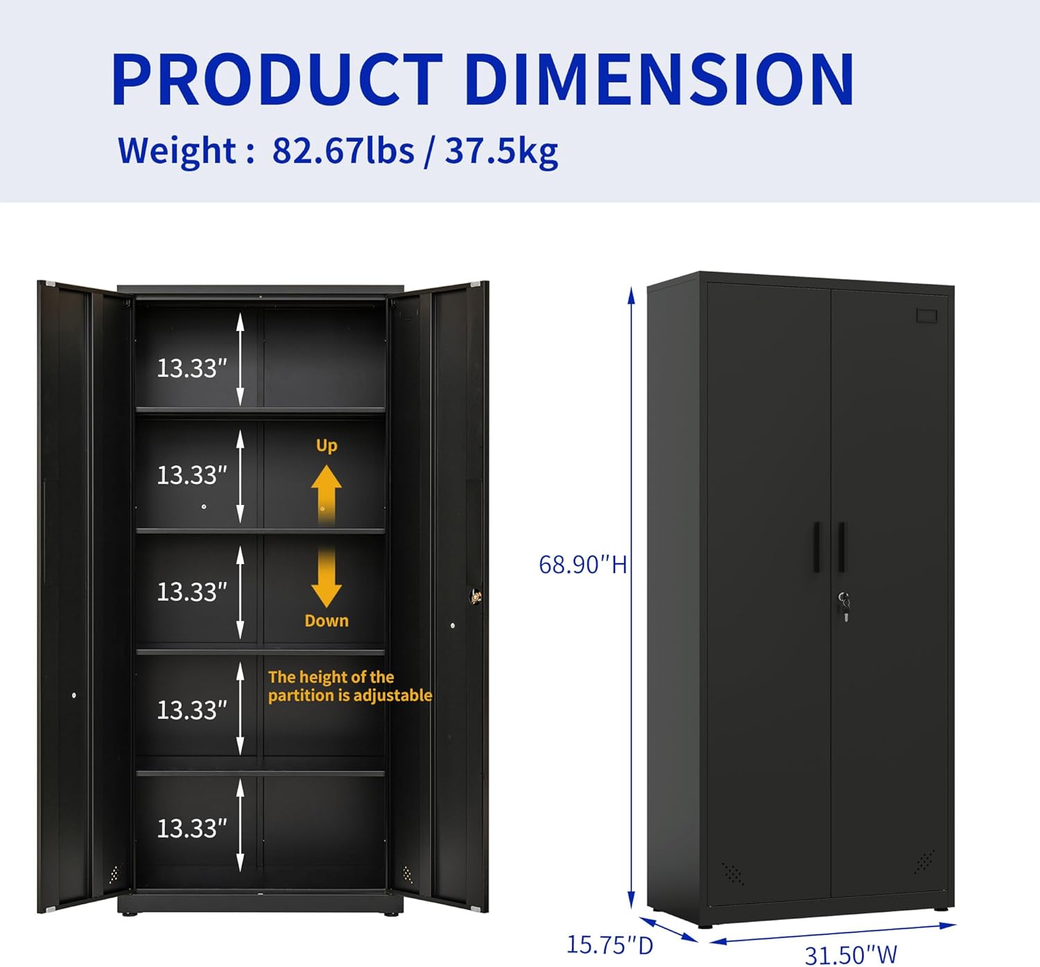 Metal Garage Storage Cabinet, Tall Locking Steel Storage Cabinet with 2 Doors and 4 Adjustable Shelves,Lockable Storage Cabinet for Home, Office, Warehouse（Black）