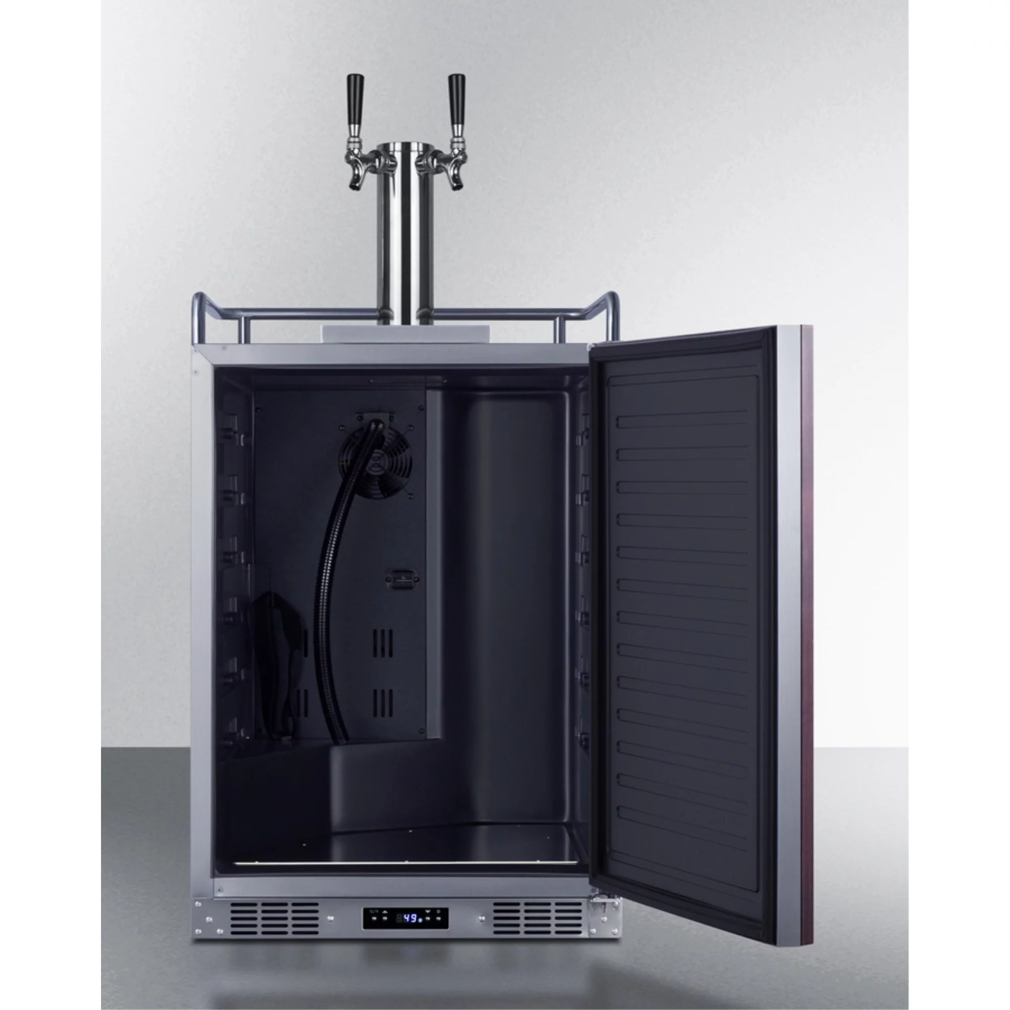 Built-in undercounter dual tap beer kegerator in complete stainless steel with panel-ready door