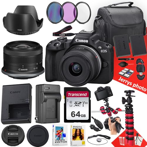 Canon EOS R50 Mirrorless Camera with RF-S 18-45mm f/4.5-6.3 is STM Lens + 64 GB Memory + Hood + Extra Battery + Battery Charger + Filters + More (25pc Bundle), Black