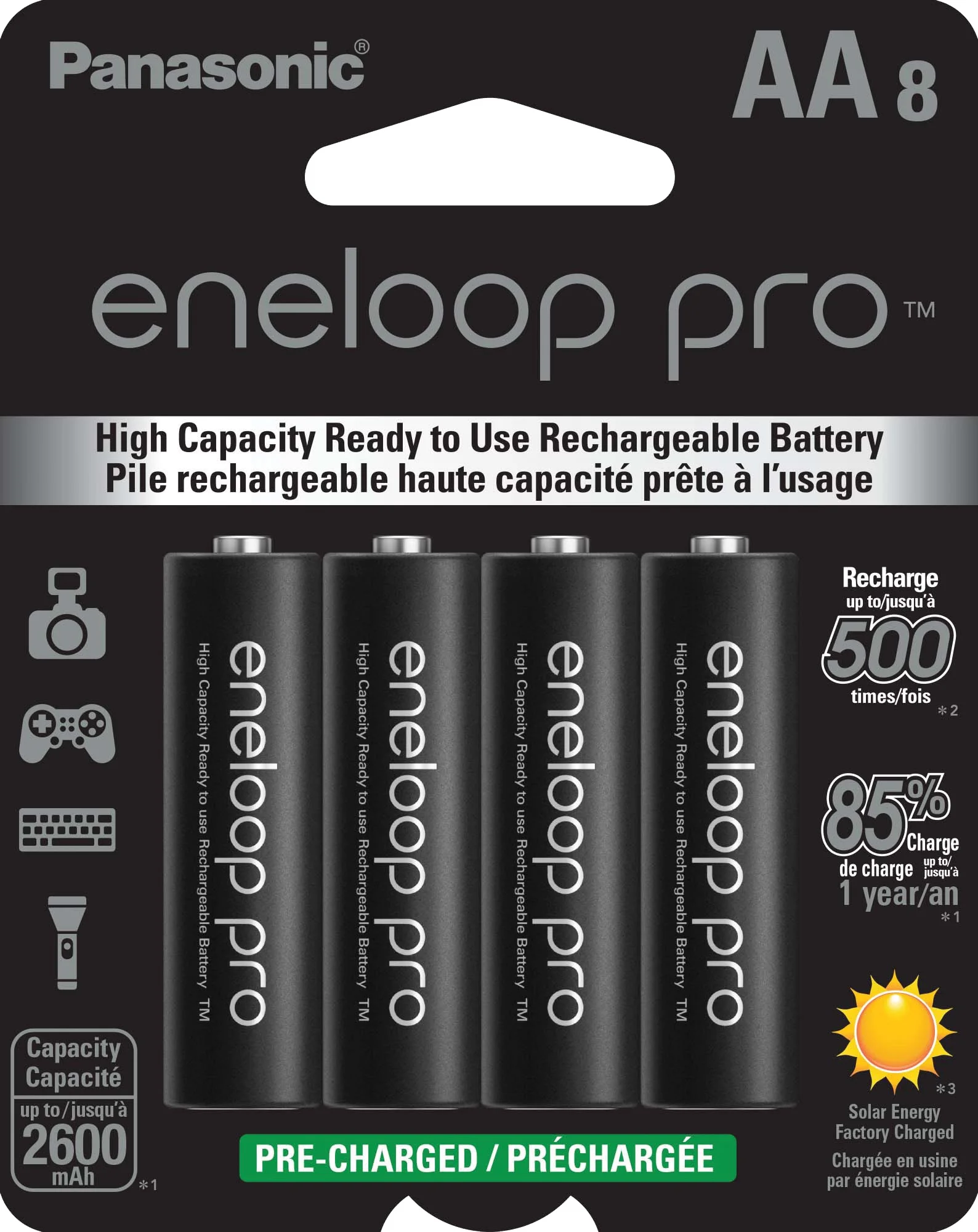 Panasonic Eneloop Pro BK-3HCCA8BA Pre-Charged Nickel Metal Hydride AA High-Capacity Rechargeable Batteries, 8-Battery Pack