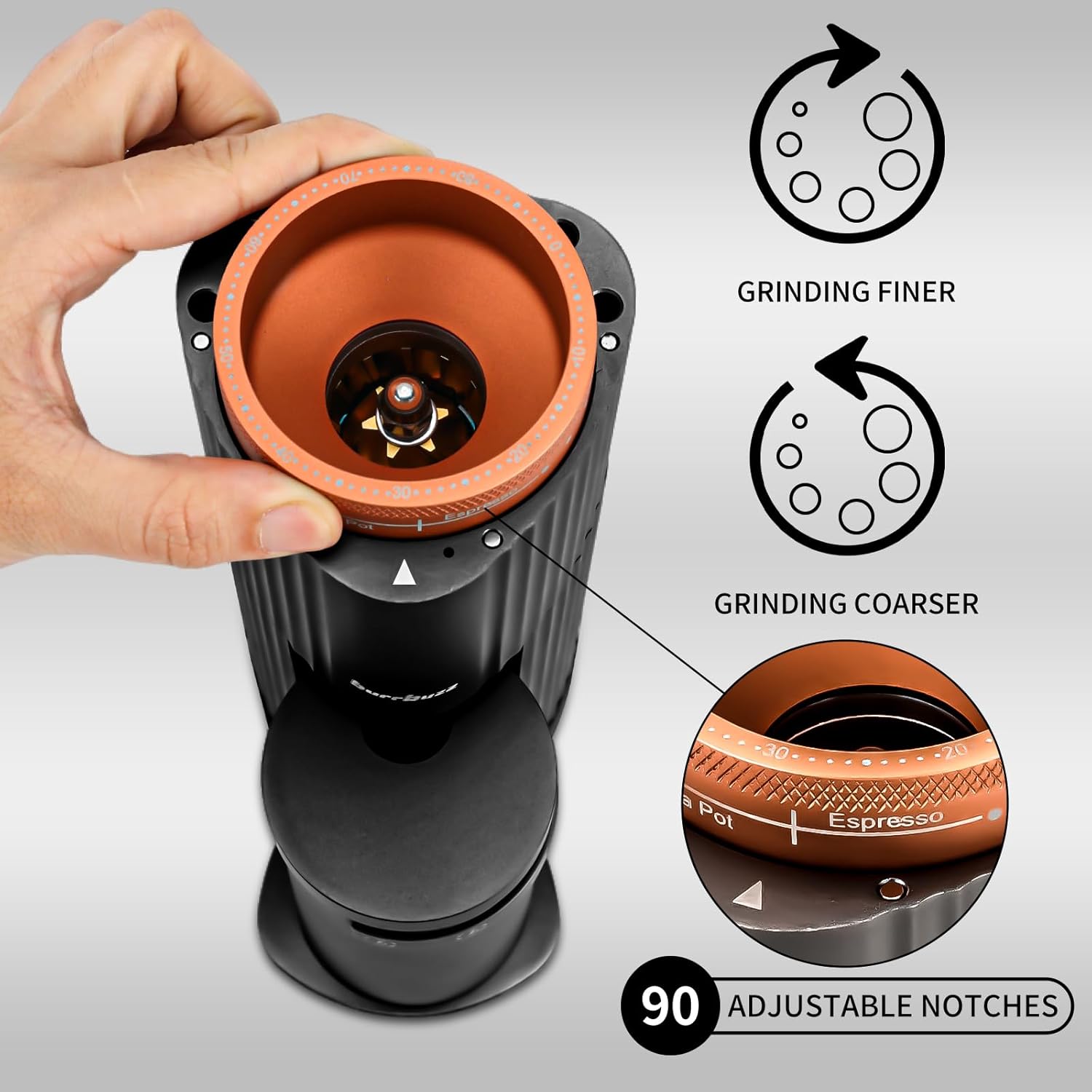 Electric Burr Coffee Grinder, Professional Espresso Grinder, Quiet Compact, 65g Single Dose, 90 Adjustable Settings, Easy to Use&Clean, Stainless-steel Burr Grinder, Great Flavor in Cold Brew