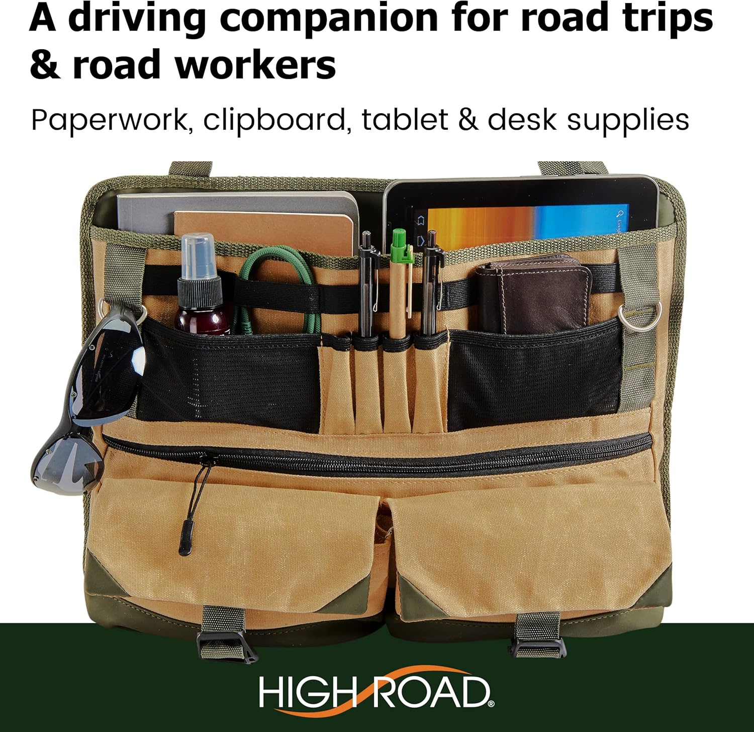 High Road Cairn Car Front Seat Organizer with Multipurpose Hanging and Pocket Storage, Waxed Nylon with Faux Leather Trim (12-pocket)