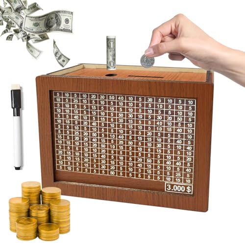 2024 New Cash Vault Wooden Savings Box, Wooden Money Saving Box, 10000 Dollar Cash Saver Box, Coin Counter Piggy Bank, Kakeibo Money Box, Money Box with Money Target and Numbers (3000)