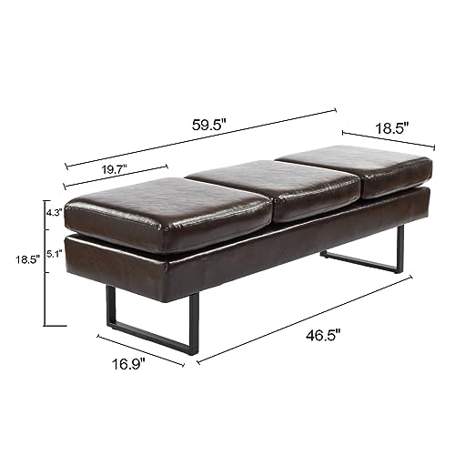 Waiting Room Bench for Salon, 59.5'' Reception Bench Office Chair Seating, Faux Leather Guest Lobby Furniture Conference Room Chair for Beauty Barber Barbershop, Brown