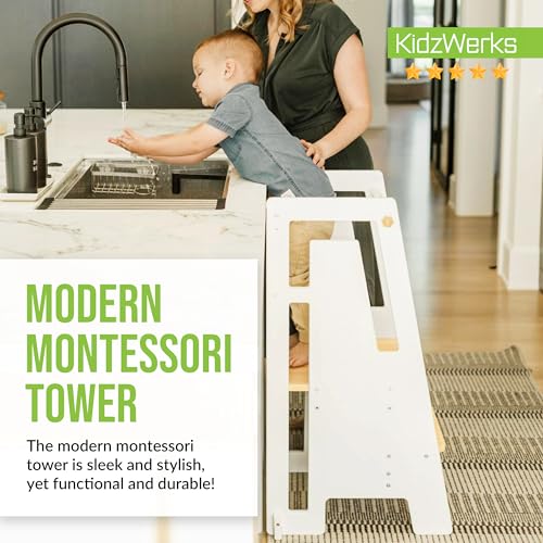Modern Toddler Tower, Montessori Kitchen Step Stool, Sleek Modern Design Adjustable Standing Platform for Kitchen Counter - White Modern Standing Tower
