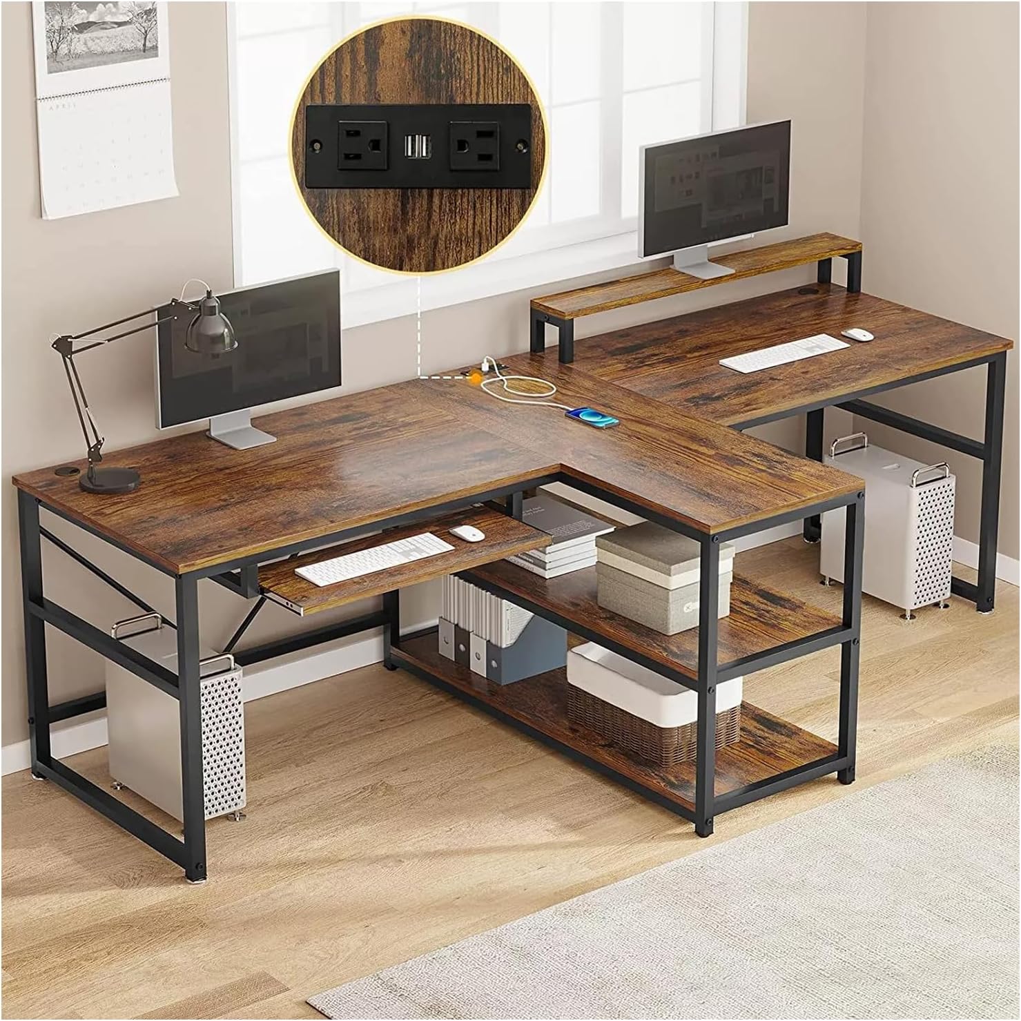 New Brown 95 Inches Home Office Desks Computer Gaming Desk Extra Long Double Desk for 2 Person RGB LED Lights Shelves Table Gamer Ergonomic Storage Shelf Home Office Wood Modern 94.5