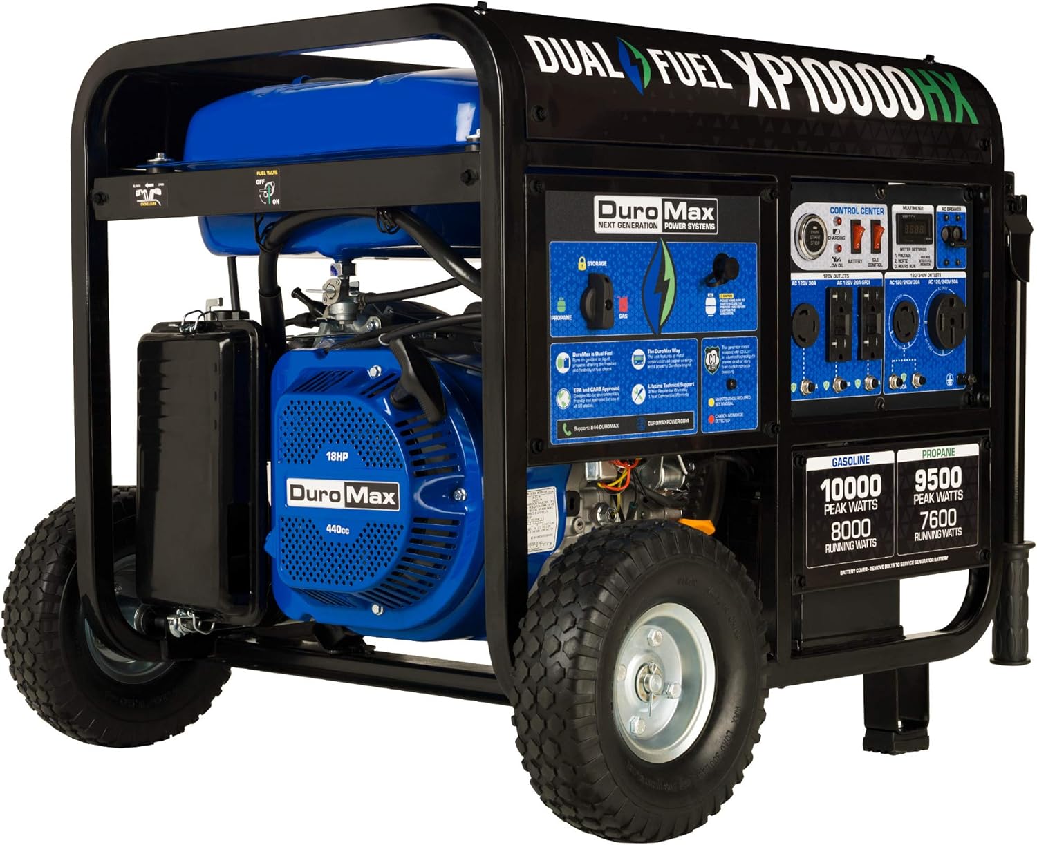 DuroMax XP5500HX Dual Fuel Portable Generator-5500 Watt Gas or Propane Powered Electric Start w/CO Alert, 50 State Approved, Blue