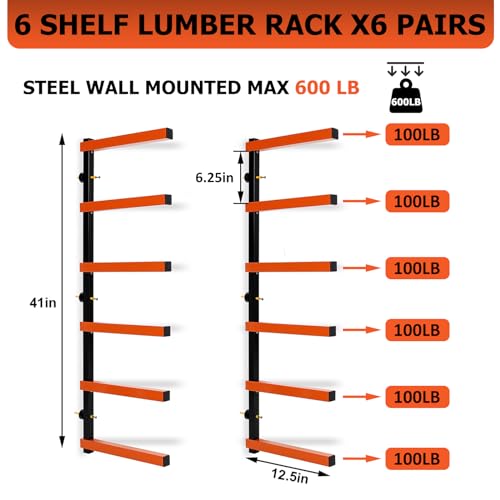 ECOTRIC 6 Pair of 6 Levels Shelf Lumber Rack Lumber Storage Rack Lumber Organizer Wood Organizer Steel Wall Mounted Max 600 Lb