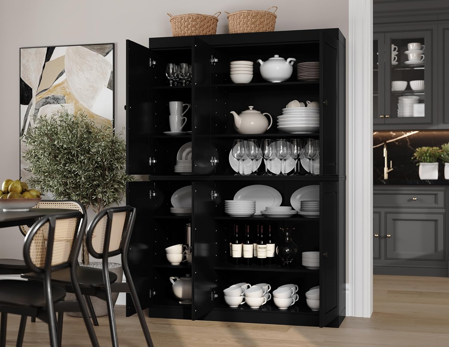 Palace Imports 100% Solid Wood Pantry Cabinet, 6 Wood Doors, Black, 48.5