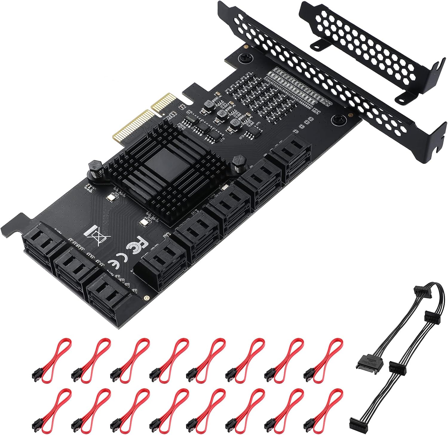 MZHOU 16 Port 4X SATA PCle Expansion Card - Support 6 SATA 3.0 Devices with 16 SATA Cables and Bracket (ASM1166 + 3xJMB575