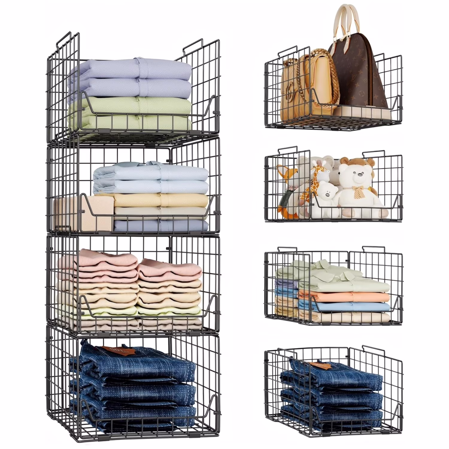 Stackable Closet Organizers 4 Pack, Sturdy Metal Storage Bins for Clothes Pants Sweaters, Black Folded Drawer Wardrobe Organizer