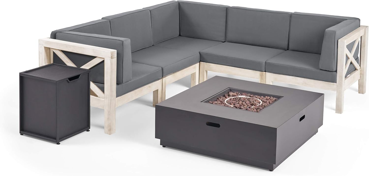 Great Deal Furniture Outdoor Acacia Wood 5 Seater Sectional Sofa Set with Fire Pit, Weathered Gray and Dark Gray
