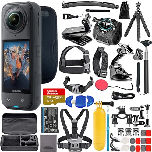 Insta360 X5 8K 360 Waterproof Action Camera with PureVideo AI, Stabilization, 185-Min Battery Life (CINSAAHA_X501) + 50-in-1 Accessory Kit + 128GB Card + More Kit