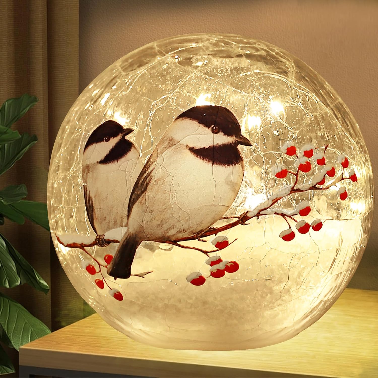 Glass Ball LED Night Lamp with Timer (6 Hour On/18 Hour Off), Showcasing 2 Birds on a Tree - 5.9 inch Battery Powered Lights Globe lamp Christmas Lights for Festive Decor and Girls Gift