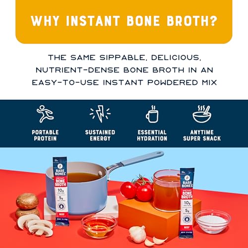 Bare Bones Bone Broth Instant Powdered Beverage Mix, Chicken & Beef, Variety Pack of 32, 16 Chicken & 16 Beef - 15g Sticks, 10g Protein, Keto & Paleo Friendly