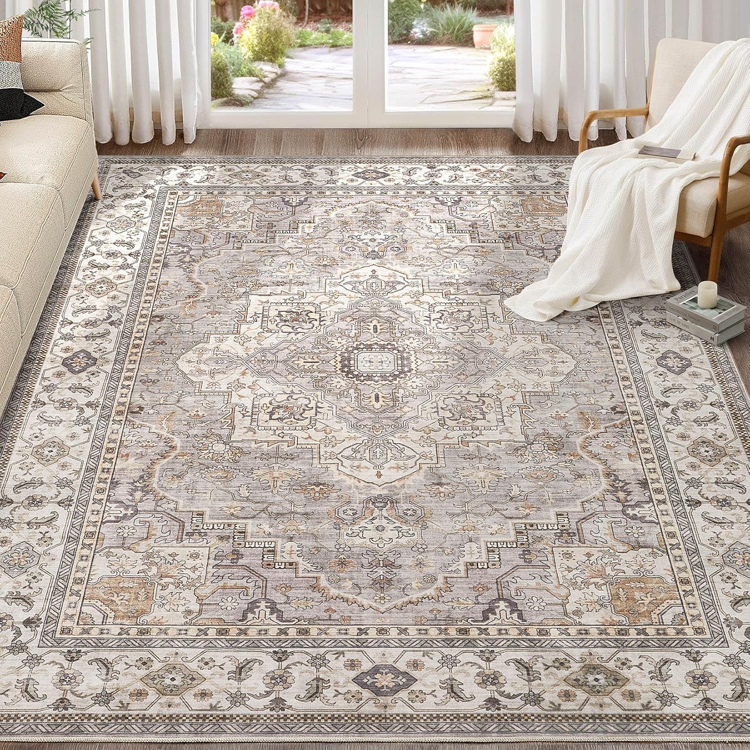 Washable Area Rugs for Living Room - 8x10 Neutral Vintage Distressed Floral Farmhouse Boho Large Soft Floor Rug Indoor Non Slip Carpet for Living Room Bedroom Dining Room Office - Grey