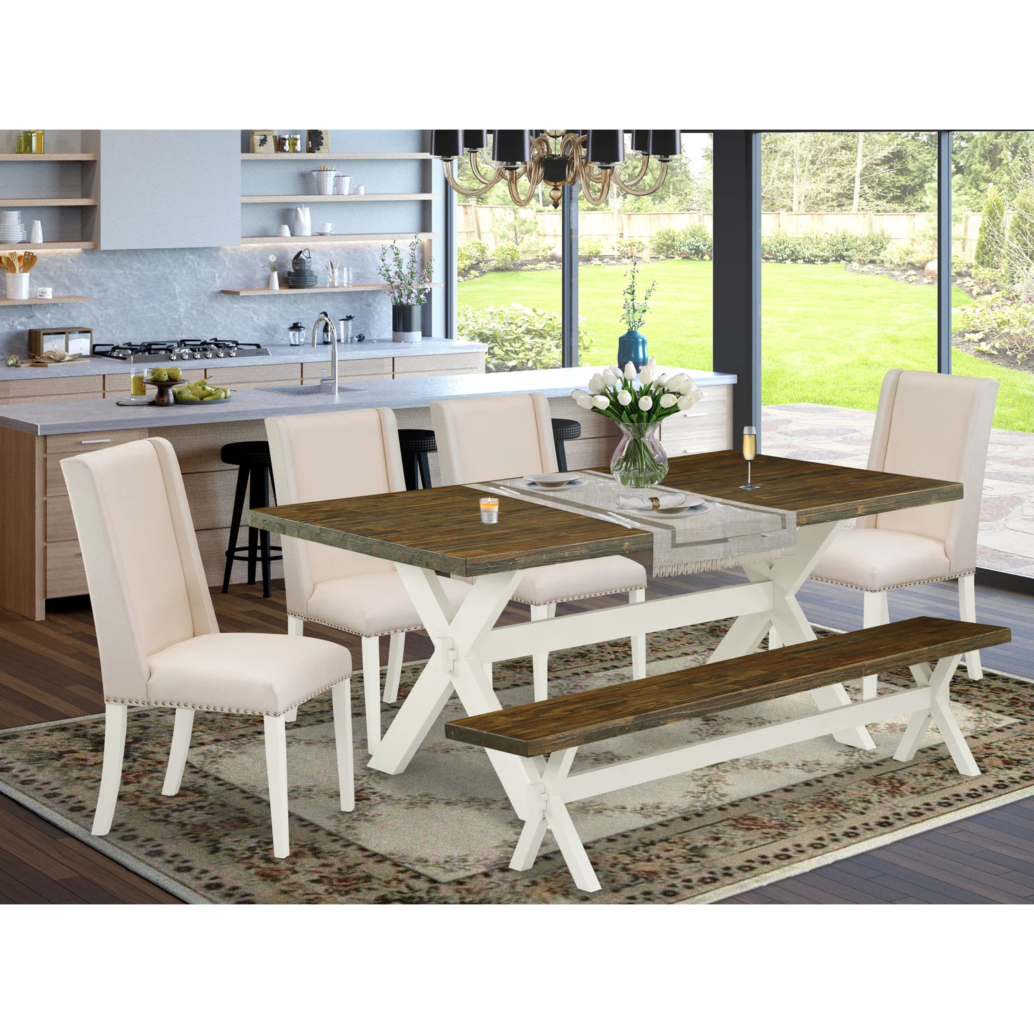 East West Furniture 6-Pc Dining Table Set-cream linen fabric Seat and High Stylish Chair Back Kitchen chairs, A Rectangular Bench and Rectangular Top dining table