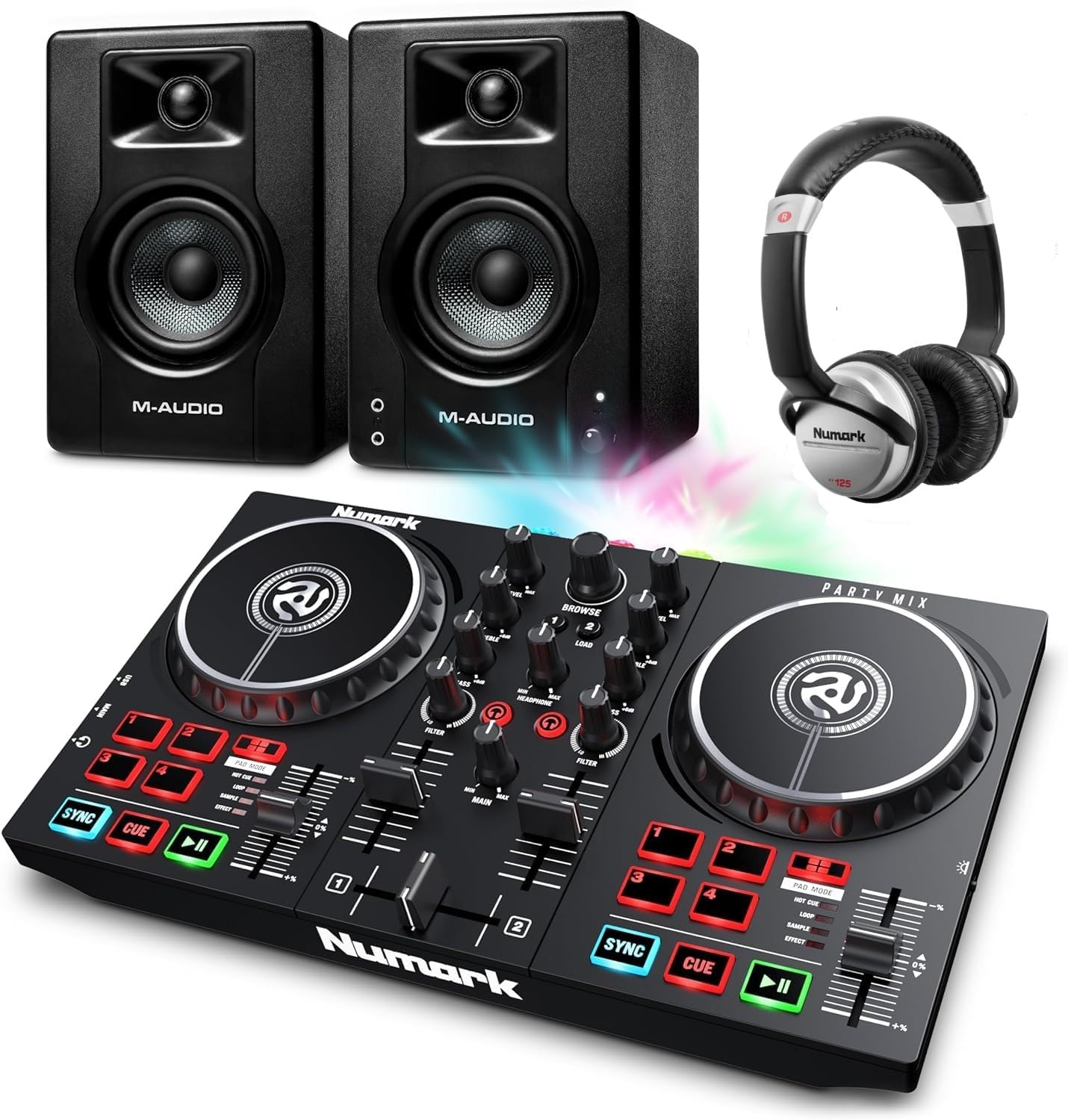 Beginner DJ Set - Numark DJ Controller and DJ Headphones plus M-Audio DJ Monitor Speakers with Serato DJ Lite and Party Lights