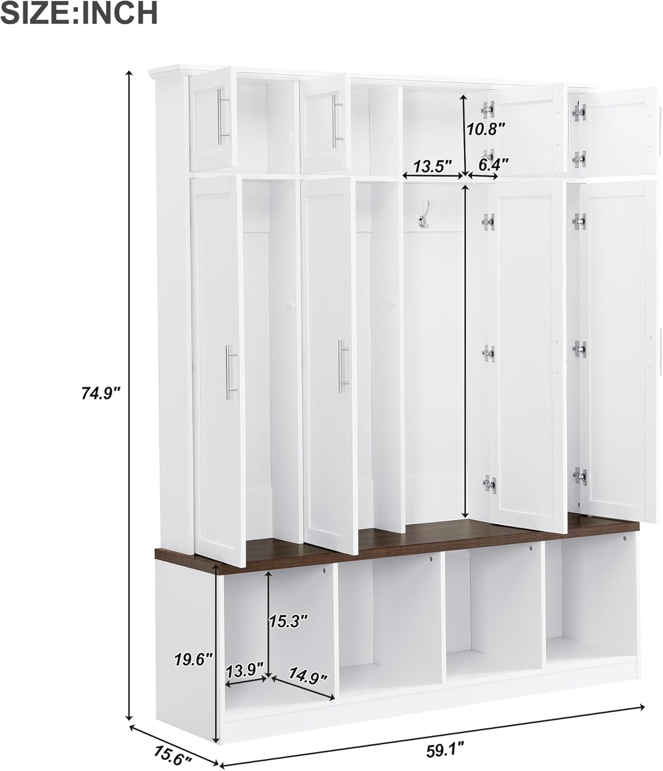 LUMISOL Wide Entryway Hall Tree with Storage Bench & Shoe Cube Storage, Shoe Cabinet with 4 Hidden Hanging Hooks and 8 Cabinets, Hallway Coat Rack with Open Compartments for Living Room Mudroom, White