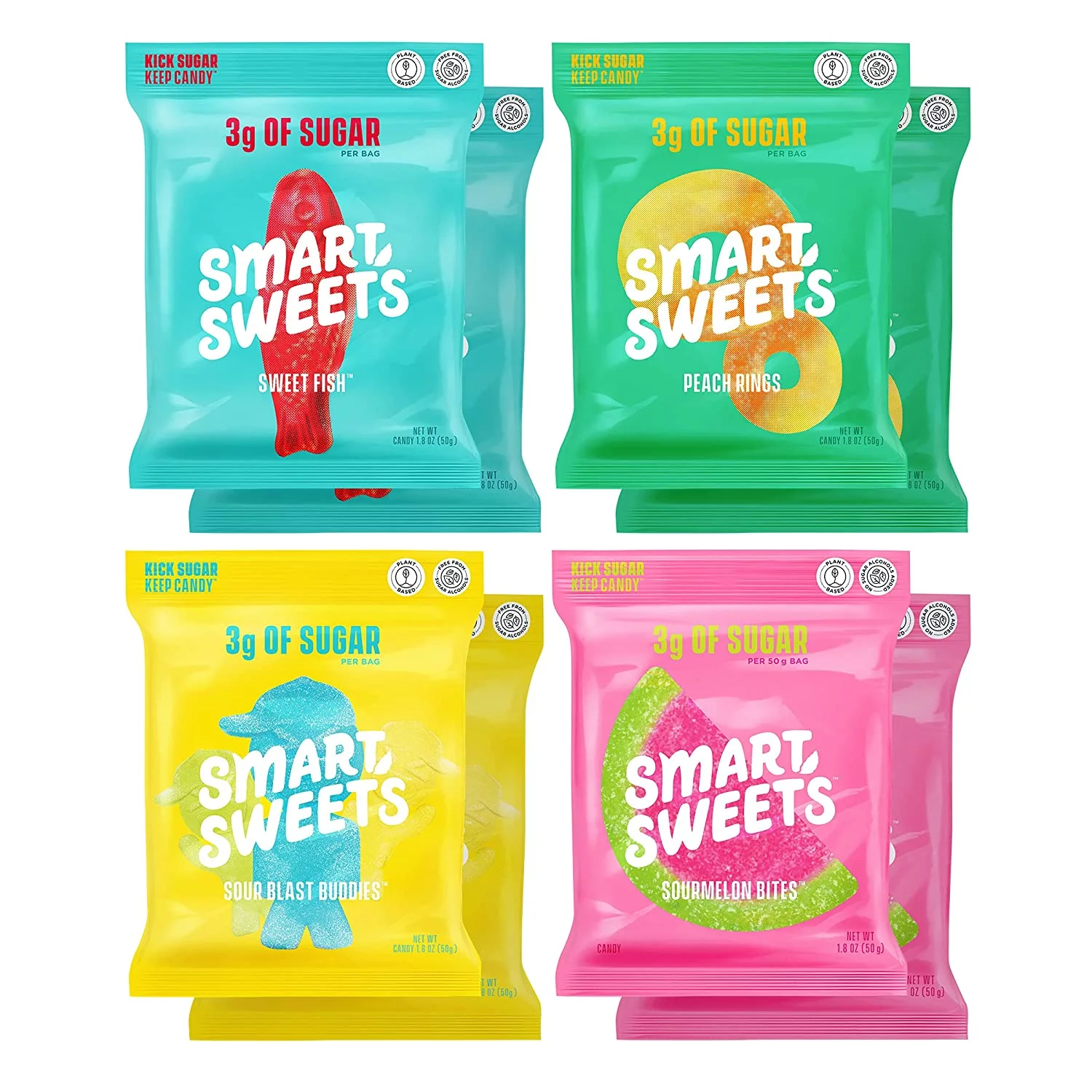 SmartSweets Variety Pack for Adults, Candy with Low Sugar & Calorie, Snack Care Package - Sweet Fish, Sourmelon Bites, Peach Rings, Sour Blast Buddies, 1.8oz (Pack of 8)