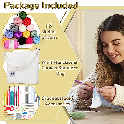 Katech Crochet Kit for Beginners, 70 Pcs Beginners Crochet Kit for Adults Kids Includes 16 Yarns for Crocheting Crochet Hooks Set Canvas Tote Bag Knitting Kit Complete Knitting&Crochet Supplies(White)