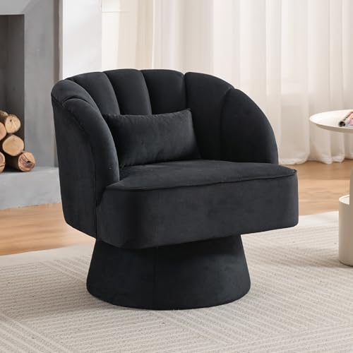 GarveeHome Modern Swivel Barrel Accent Chair, 360° Teddy Fabric Upholstered Armchair with Striped Backrest & Plush Padding, Comfy Round Lounge Chair for Living Room, Bedroom, Reading Nook, Black