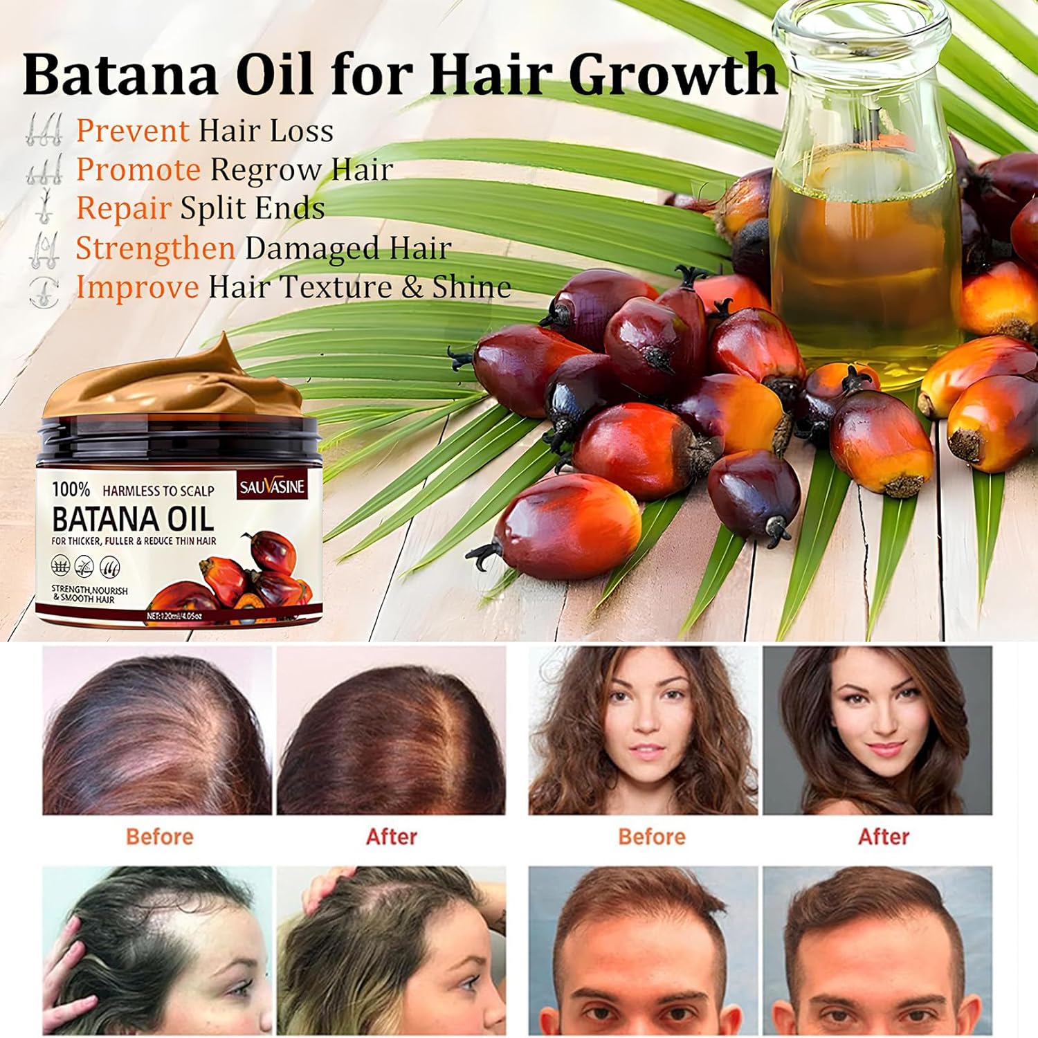 Batana Oil for Hair Growth, Batana Natural Hair Growth Oil, Unrefined Raw Batana Oil Organic Pure Batana Butter Conditioner Revitalized Hair Strength for Shiny Thicker Fuller Hair