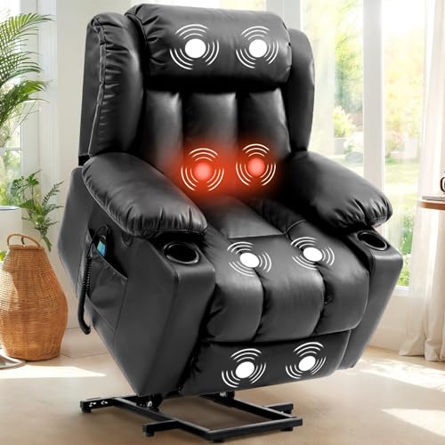 Power Lift Recliner Chair for Elderly, Electric Assist Lift Chairs with Massage & Heat, Cup Holders, Side Pockets, USB Ports, Remote Control, Leather (Ochre)