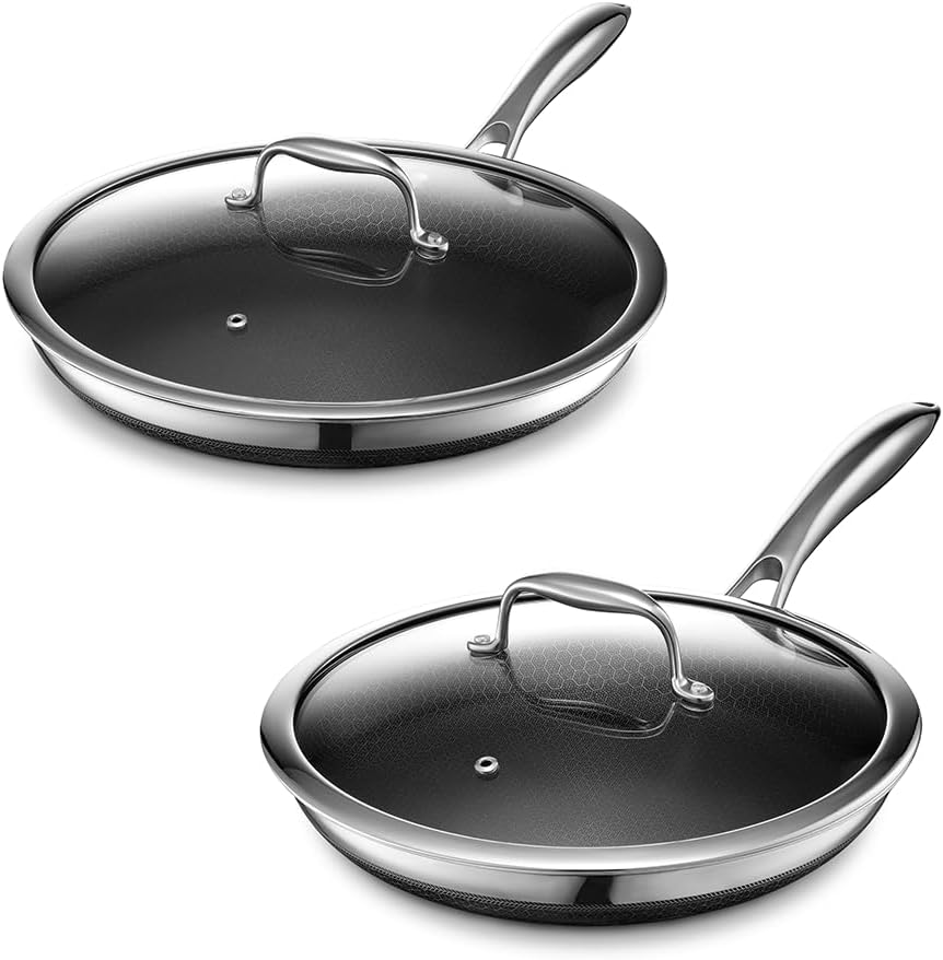 HexClad 4 Piece Hybrid Stainless Steel Cookware Set - 10 Inch Frying Pan with Lid and 12 Inch Frying Pan with Lid, Stay Cool Handle, Dishwasher and Oven Safe