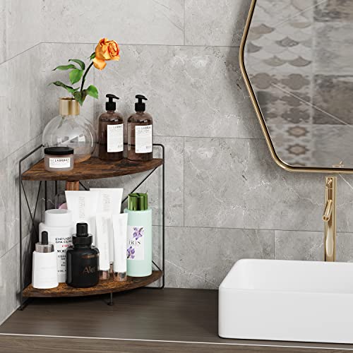 2 Tier Corner Shelf, Bathroom Countertop Organizer, Kitchen Counter Shelf Organizer, Wooden Desk Shelf, Multi-Purpose Storage Rack for Bathroom, Kitchen, Cabinet, Pantry (9.8x9.8x13.1in)
