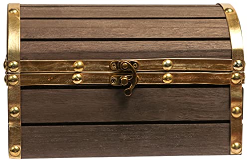 Wood and Leather Treasure Chest Wooden Box Jewelry Box with Latch, Vintage Handmade Wood Craft Box for Jewelry, Toys, Gifts and Home Decoration (Darker Brown and Gold, 8.5 x 5.5 x 5.5 inches)