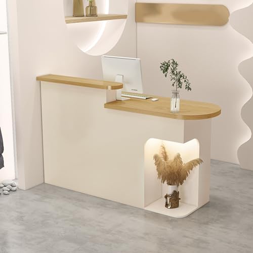 Reception Desk, Standing Front Desk Reception, Reception Counter Desk with LED Lights and Lockable Drawers, Retail Counter Table for Shops and Businesses(White R,51.1