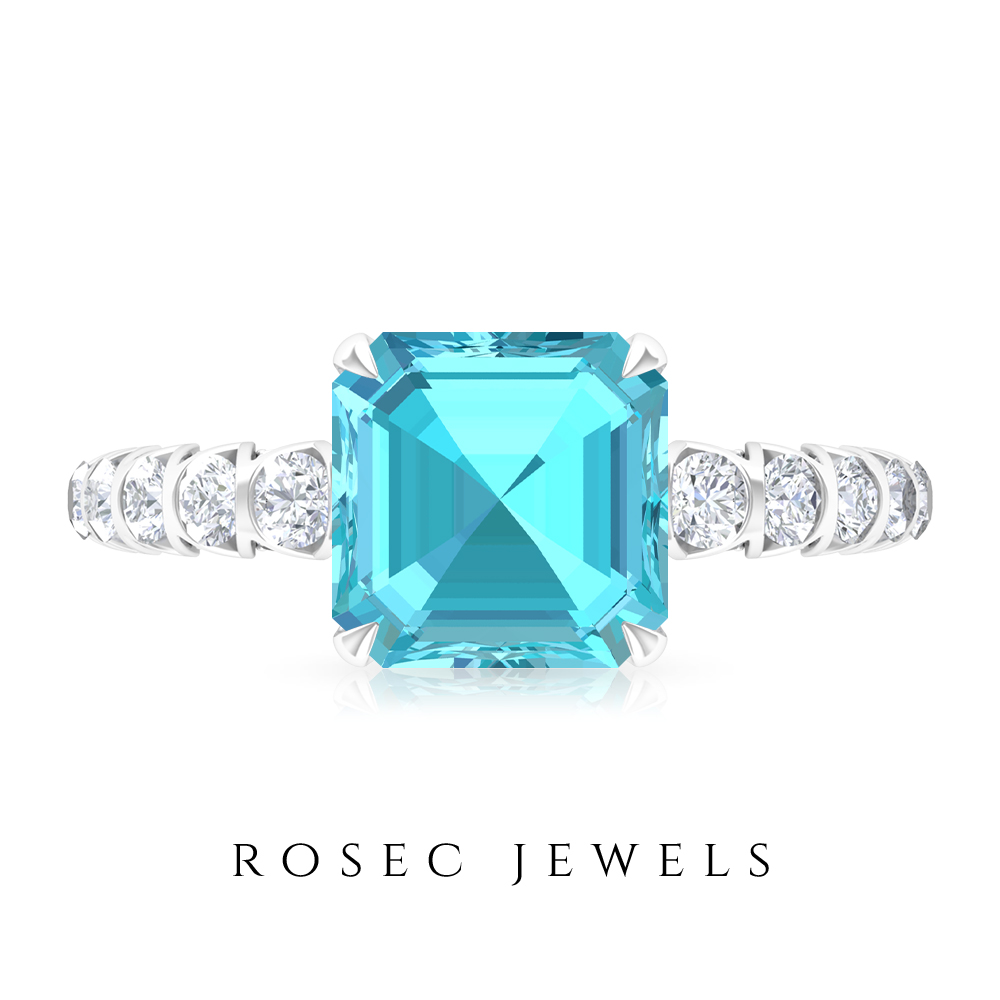 3.75 CT Swiss Blue Topaz Solitaire Ring with Diamond Side Stones (8 MM Asscher Cut Swiss Blue Topaz), 925 Sterling Silver, US 4.00