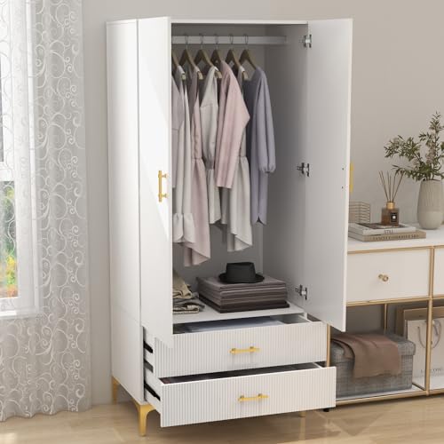 FeLeA Wardrobe Closet for Hanging Clothes, Armoire Portable Closet with Two Drawers & Hanging Rod, 2 Door Freestanding Wardrobe Cabinet for Bedroom,White,(31.5