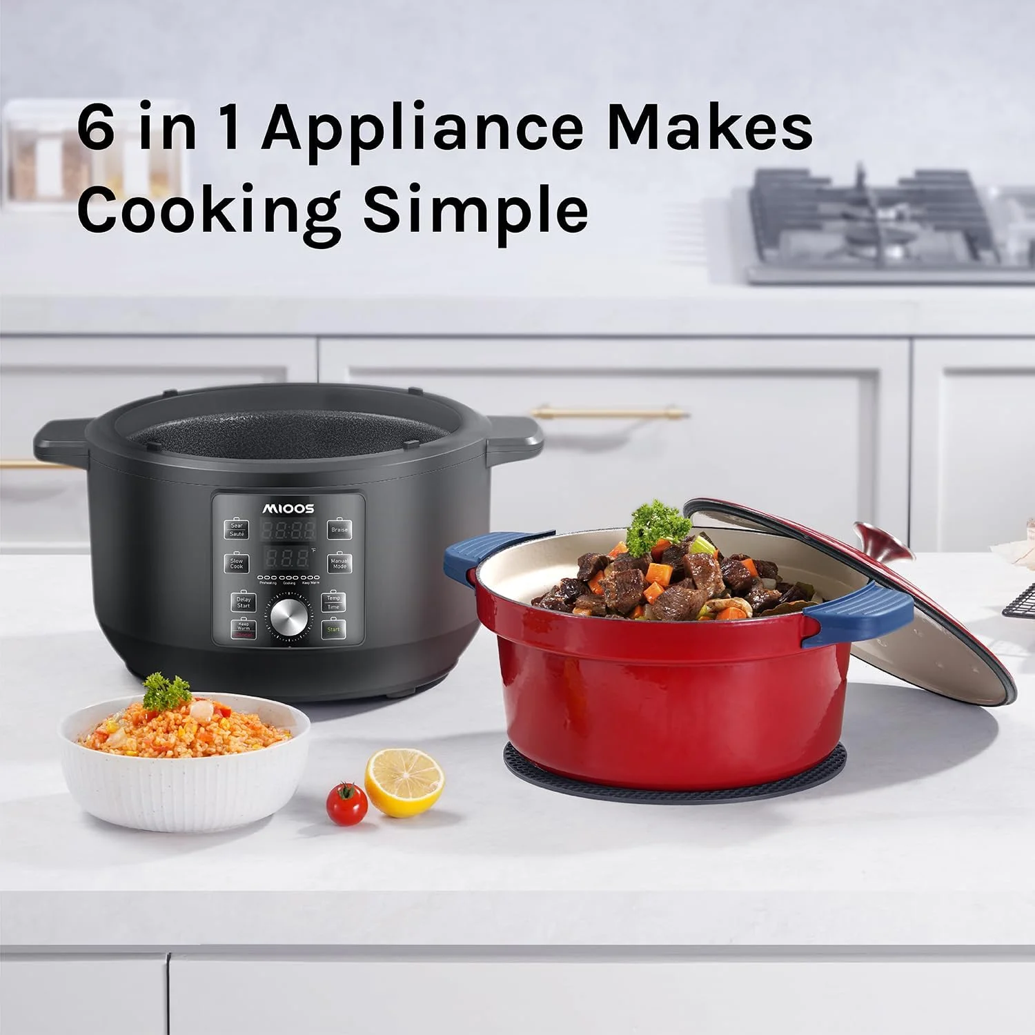 Electric Precision Enameled Cast Iron Dutch Oven 6 in 1 Multi Cooker 6 Qt Heavy Duty, Sear/Saute/Braise/Slow Cook/Keep Warm/Delay/Manual, Red