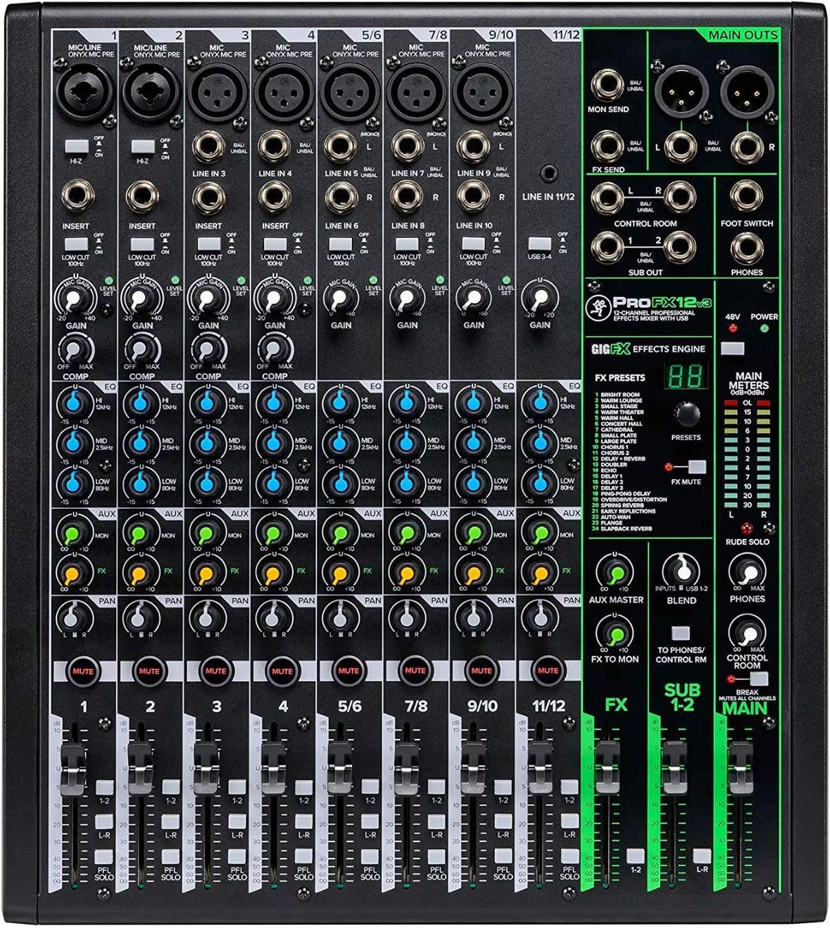 Mackie ProFX12v3 Unpowered 12-Channel FX USB Mixer Bundle - Includes Knox Gear TX-100 Closed-Back Studio Monitor Headphones, 1/4-Inch TRS Cables, and XLR Cables (6 Items)
