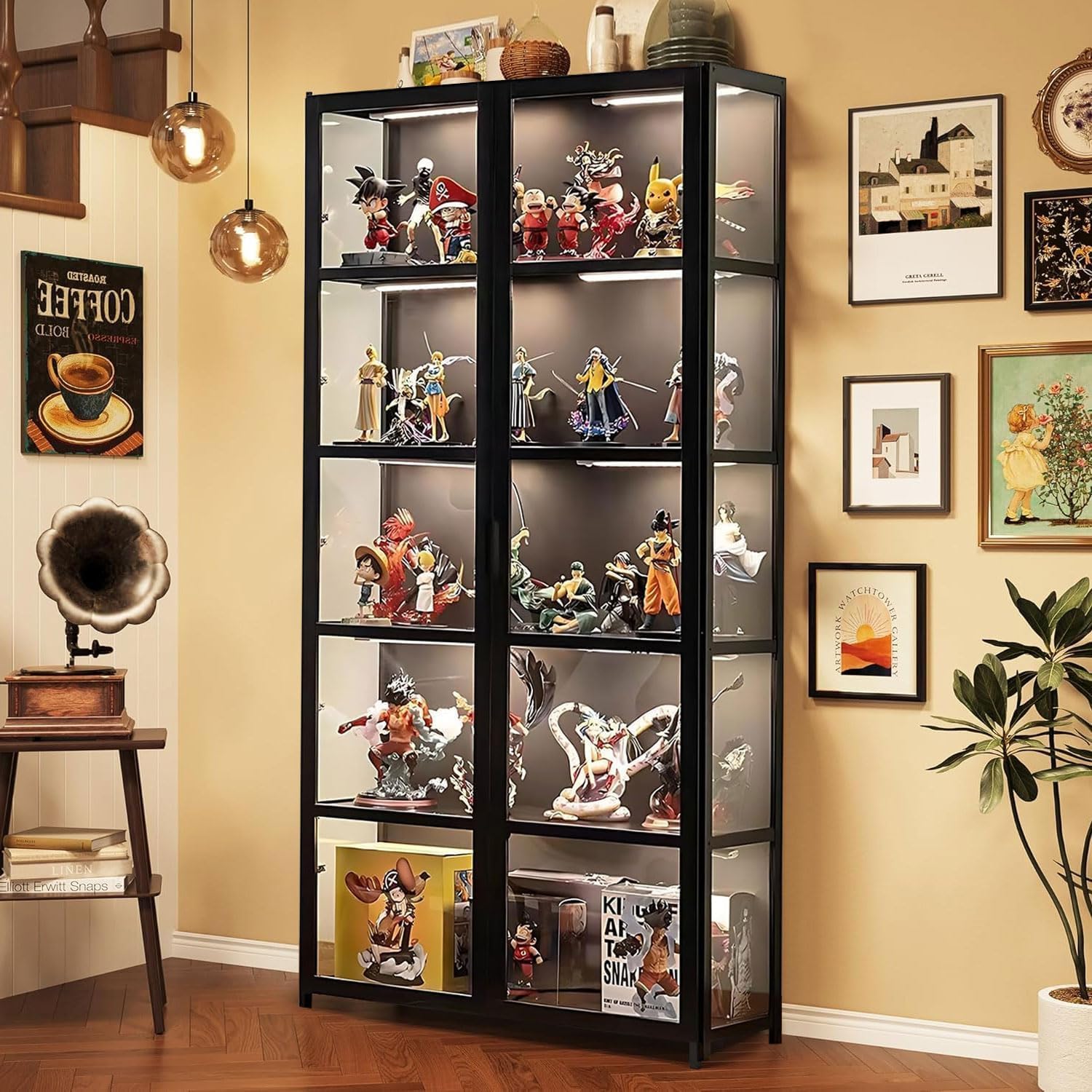 5-Tier Curio Display Cabinet, Storage Shelves with Acrylic Glass Door, Collectibles Toy Organizers Rack & Display Shelf, Kids Bookshelf and Bookcase for Playroom, Bedroom