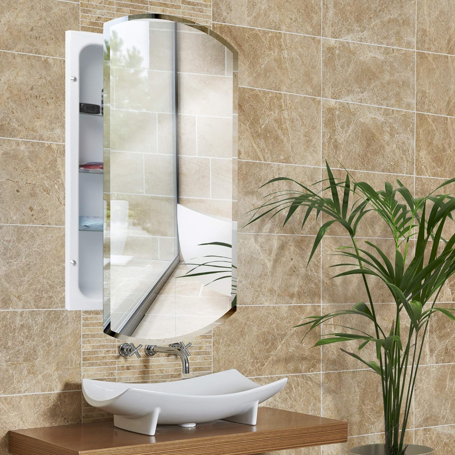 Head West Recessed Medicine Cabinet Mirror with Beveled Edge - Bathroom Mirror with Storage, Adjustable Shelves, Arched Oblong Frameless Design - Metal Vanity Medicine Cabinets for Bathroom Wall 16x30