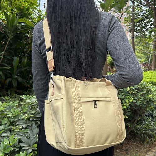 Canvas Tote Bag with Multiple Pockets for Women, Cute Crossbody Shoulder Bag Casual Hobo Messenger Purse Handbag