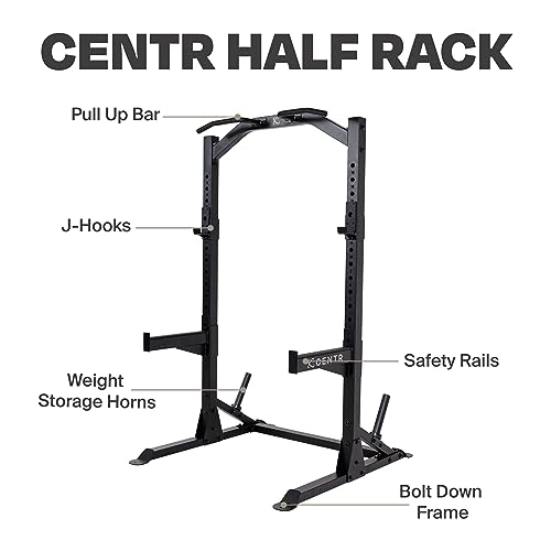Centr Squat Rack for Home Gym - Half Rack with J-Hooks, Pull Up Bar & Weight Storage - Barbell & Bench Press Weightlifting Gym Equipment for Home & Commercial Use - Industrial-Grade Steel Frame