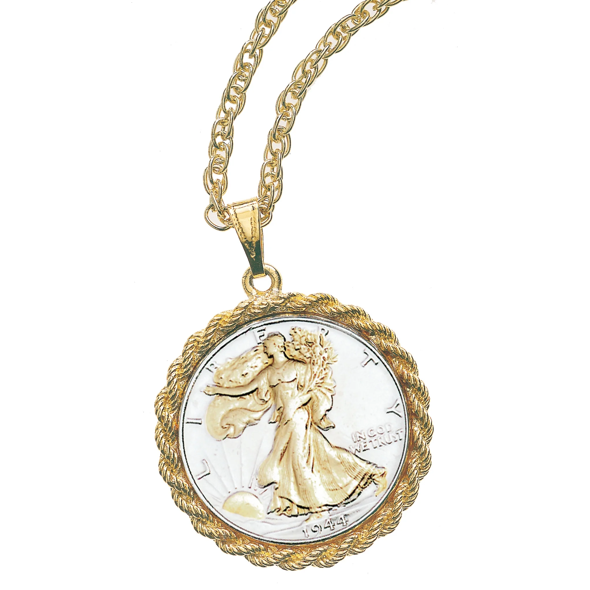 American Coin Treasures Coin Pendant Necklace Walking Liberty Half Dollar - 24 Inch Rope Chain