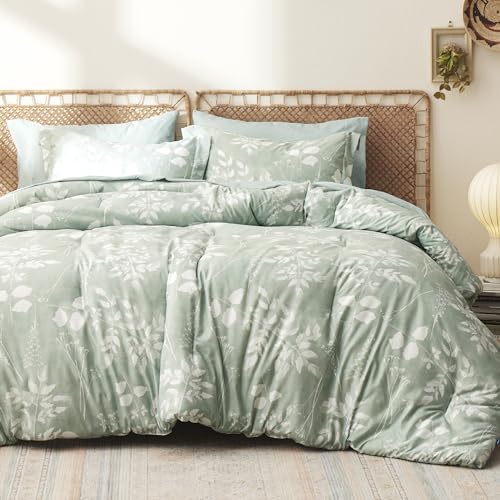 Bedsure Twin Comforter Set - 5 Pieces Blue Floral Bedding Sets Twin Bed in a Bag with Reversible Botanical Flowers Comforter, Sheets, Pillowcase & Sham