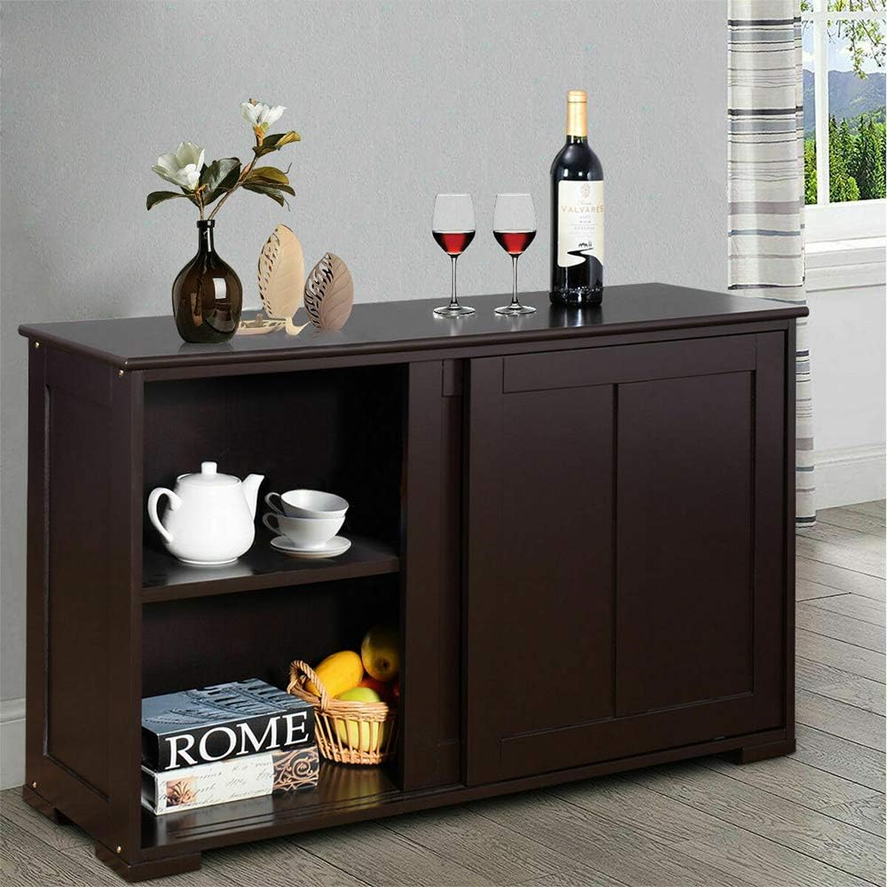 Dark Brown Kitchen Storage Cabinet Sideboard Buffet Cupboard Wood Sliding Door Pantry New MDF 42