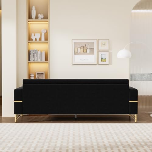 83'' Velvet Sofa, Chesterfield Velvet Upholstered Modern Love seat, with 2 Lumbar Pillows and Round Gold Plated Feet Cream Sofa 3 Seat Living Room Apartment Large Sofa (Khaki)